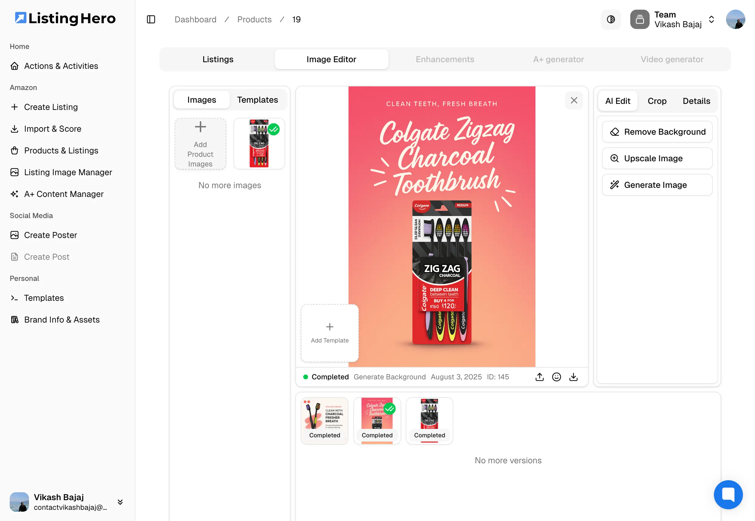 Listing Hero dashboard interface showing Amazon product listing optimization features